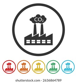 Factory silhouette with chimney polluting CO2 cloud icon. Set icons in color circle buttons