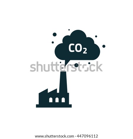 Factory silhouette with chimney polluting CO2 cloud smoke vector icon isolated on white, co2 dioxide emissions production from factory symbol, black plant shape 