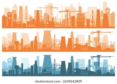 Factory silhouette in industrial area with toxic smoke pollution power pipeline emission plant building warehouse electricity dirty equipment cartoon company environment landscape

