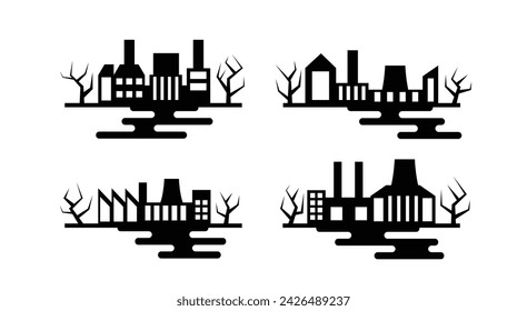 Factory Silhouettes with Dead Trees Environment Pollution Set. Environment and heavy industry concept vector