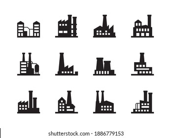 Factory silhouettes. Manufacture industrial plant chemical production air pollution garish vector symbols