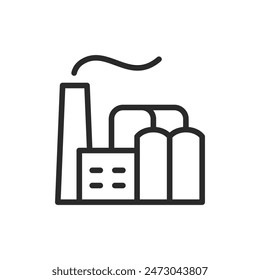 Factory with silos and a chimney, linear style icon. Factory with silos and a chimney, industrial storage and production. Editable stroke width.