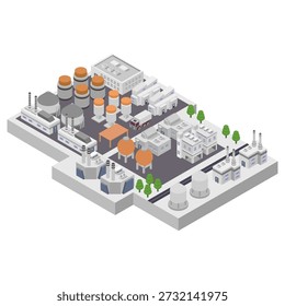 Factory with silos and unloading systems isometric illustrated on white background