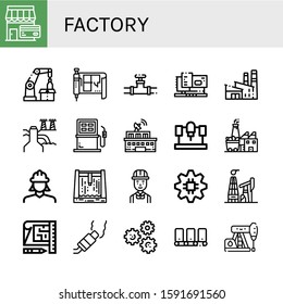 factory simple icons set. Contains such icons as Shop, Robotic arm, Blueprint, Valve, Machinery, Factory, Power plant, Fuel, Building, Machine, can be used for web, mobile and logo