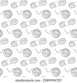 Factory skein of yarn and ball of thread wound by hand. Doodle style. Seamless pattern.