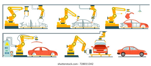 Factory With Smart Robotic Automotive Assembly Line. Modern Engineering Systems, Automobile Production Line, Car Manufacturing Process. Conveyor For Assembly Of Cars Vector Illustration In Flat Style