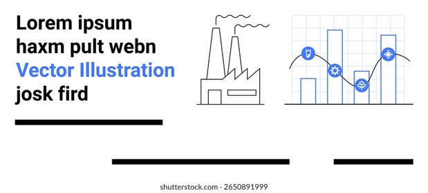 Factory with smoke, bar graph with line graph and blue icons, placeholder text. Ideal for industrial analytics, data tracking, engineering, manufacturing, energy sector, business reports, technology