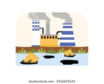 Factory smoke and careless disposal of waste fuel, pollution vector illustration.