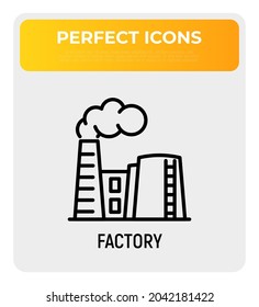 Factory with smoke from chimney thin line icon. Environmental pollution. Modern vector illustration.