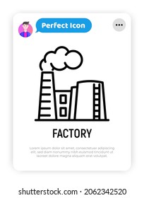 Factory with smoke from chimney thin line icon. Environmental pollution. Modern vector illustration.