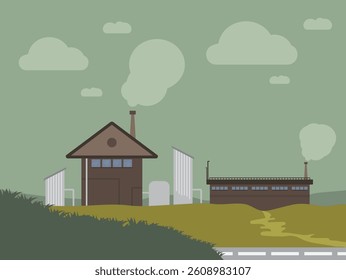 Factory with Smoke Emissions in a Rural Landscape, Pollution Concept Vector