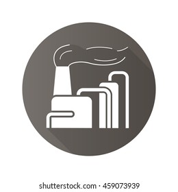 Factory with smoke flat design long shadow icon. Industrial air pollution. Vector silhouette symbol