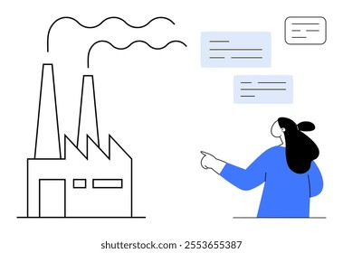 Factory with smoke, large smoke stacks, and windows with person in blue pointing at it. Speech bubbles represent communication. Ideal for industrial themes, business communication, environmental