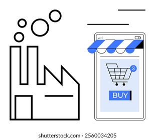 Factory with smoke, mobile phone displaying a shopping cart, buy button, and storefront awning. Ideal for e-commerce, digital marketing, online shopping, industry 4.0, technology. Simple line style