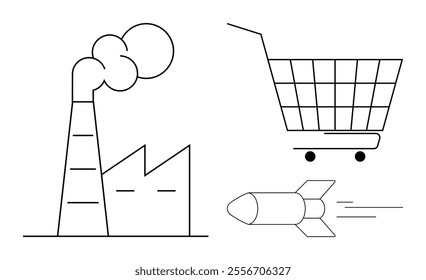 Factory with smoke, shopping cart and rocket symbolizing manufacturing, retail shopping, and fast delivery. Ideal for business logistics, e-commerce, industry growth, rapid transit, and economy