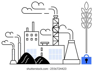 A factory with smoke stacks emitting clouds stands beside a representation of wheat and a padlock. Ideal for environmental awareness industrial production agriculture security measures food safety