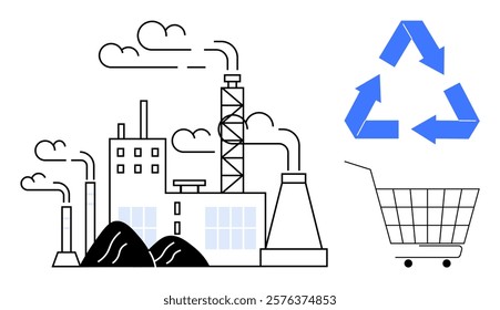 Factory with smoke stacks and pollution, alongside recycling symbol and shopping cart. Ideal for sustainability, recycling, consumerism, industrial pollution, circular economy. Minimalist, line art