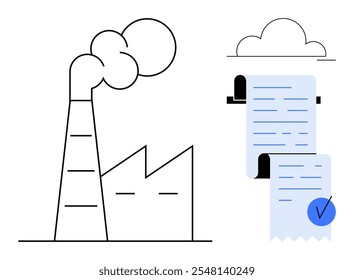 Factory with smokestack and documents connected by cloud. Ideal for industry, environment, data, business, compliance. Simple line-art style