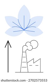 Fábrica com chaminé emitindo poluição mínima, folha grande acima simbolizando a redução do impacto ambiental e o crescimento sustentável. Ideal para conscientização ambiental, sustentabilidade, ecológico