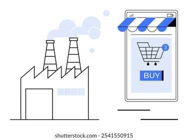 Fábrica com smokestacks ao lado de um smartphone com um ícone de carrinho de compras e botão de compra. Ideal para e-commerce, indústria, transformação digital, varejo on-line, fabricação