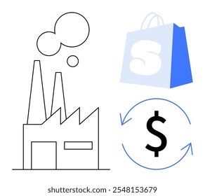 Factory with smokestacks, blue shopping bag, and dollar sign with circular arrows. Ideal for commerce, industry, economics, manufacturing, financial growth. Minimalist line art style