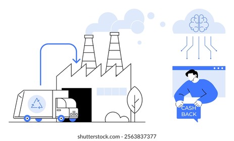 Factory with smokestacks and delivery truck, neural network cloud, person holding cashback symbol in window. Ideal for technology, logistics, AI integration, sustainability, e-commerce. Minimalist