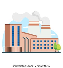 Fábrica com chaminés emitindo fumaça, estilo gráfico plano, fundo branco, conceito de poluição industrial. Ilustração vetorial