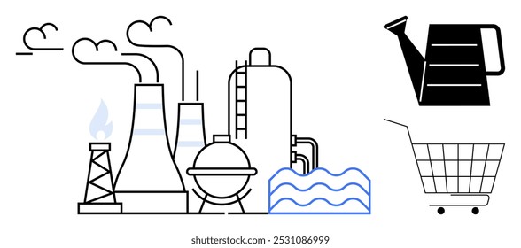 Fábrica com chaminés, estruturas industriais e uma torre emissora de chamas, ondas de água, uma lata de água preta e um carrinho de compras. Ideal para indústria, meio ambiente, economia, sustentabilidade