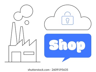 Factory with smokestacks next to a cloud icon with a lock and a speech bubble with the word Shop Ideal for digital commerce, cybersecurity, industrial production, cloud storage, online shopping