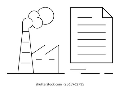 A factory with a smoking chimney next to a document. Ideal for themes such as environmental policy, industrial regulation, pollution control, documentation, and regulatory compliance. Minimalist line