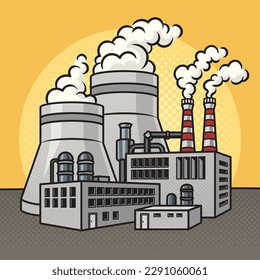 Factory with smoking pipes pinup pop art retro vector illustration. Comic book style imitation.