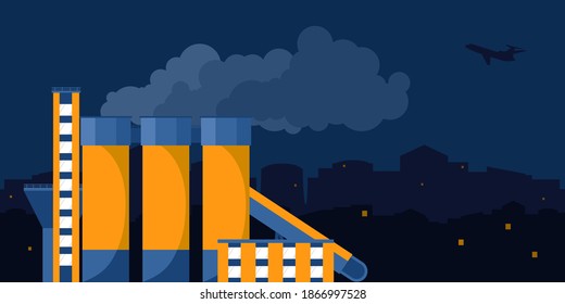 Factory with Smoking pipes of a processing plant, cement plant on the background of the city. Industrial concept, color vector illustration