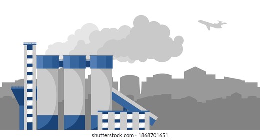 Factory with Smoking pipes of a processing plant, cement plant on the background of the city. Industrial concept, color vector illustration