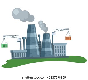 Factory with smoking pipes processing plant, cement enterprise. Industrial pollution concept. Climate change. Plant, harmful for environment production. Smoke factory damages ecology of planet