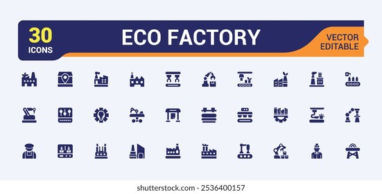 Coleções de ícones sólidos de fábrica. Inclui produtividade sólida plana, indústria, máquina, fabricação, processamento, fabricação e muito mais. Ícones simples da Web. Ilustração vetorial editável.