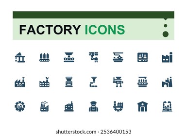 Fatory sólido ícone da web definido. Contém tais ícones como processamento, processo, indústria, industrial, máquina, maquinário e muito mais. Ícones de estilo de preenchimento plano. Ícone de vetor editável e ilustração.