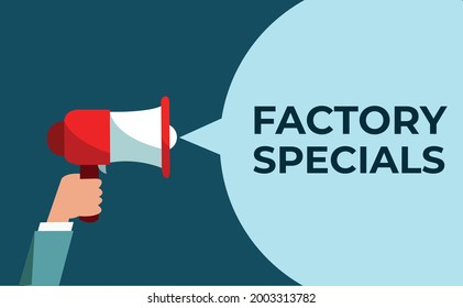 Factory specials text. Alert megaphone chat banner with user. Advertising discounts symbol.