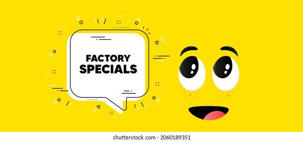 Werksspezialtext. Cartoon-Gesicht Chat Bubble Hintergrund. Preisschild für den Verkauf. Symbol für Werberabatte. Factory Specials Chat-Nachricht. Charakterlächeln auf Gesichtshintergrund. Vektorgrafik