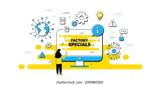 Factory specials text. Internet safe data infographics. Sale offer price sign. Advertising discounts symbol. Factory specials information message. Isolated AI privacy banner. Vector