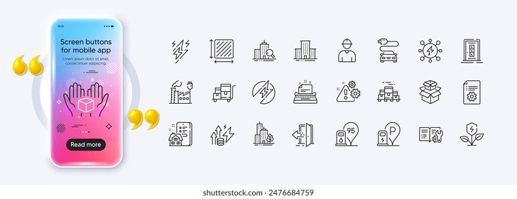 Iconos de la línea de la caja de la fábrica, del área cuadrada y del sostenedor para el App del Web. Pantalla de degradado de maqueta de teléfono. Paquete de iconos de pictograma de inspección, advertencia, energía ecológica. Recargo de coches, gasolinera, señales de máquina de escribir. Vector