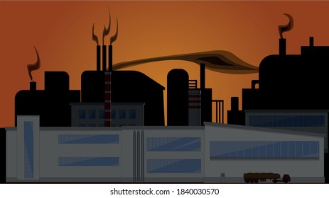 Factory at sunset. Factory chimneys smoke. Lots of pipes that smoke. Protection of the environment, pollution of nature, care for the environment.