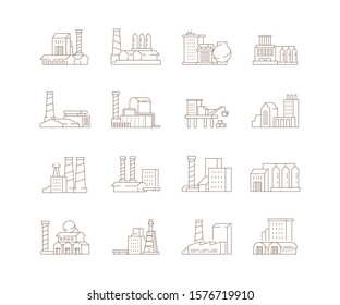 Factory symbols. Industrial city smoke pipe energy production buildings steam clouds vector icon set