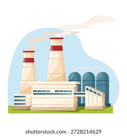 Factory with tall chimneys and storage silos in cartoon style on white and blue background. Concept of industry and manufacturing. Vector illustration