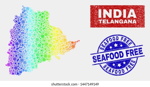 Factory Telangana State map and blue Seafood Free distress seal stamp. Rainbow colored gradient vector Telangana State map mosaic of tools items. Blue rounded Seafood Free seal.