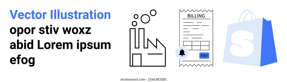 Factory with text, invoice, and shopping bag. Ideal for e-commerce, manufacturing, billing system, online shopping, and digital payments. Landing page