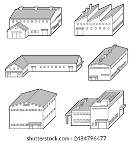 Ilustración vectorial tridimensional de fábrica. Dibujo de líneas.