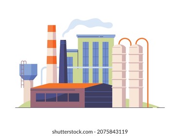 Fábrica en la ciudad. Producción urbana, edad industrial, industria pesada. Trabajadores, energía, electricidad, reciclaje, creación. Edificios, ciudad. Dibujo vectorial plano de dibujos animados aislado en fondo blanco