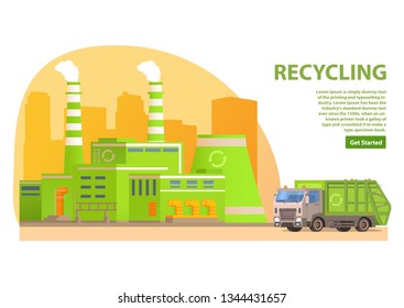 Factory trash waste processing plant.Waste recycling.Garbage truck.Low poly .Ecological green production.Flat vector graphics.