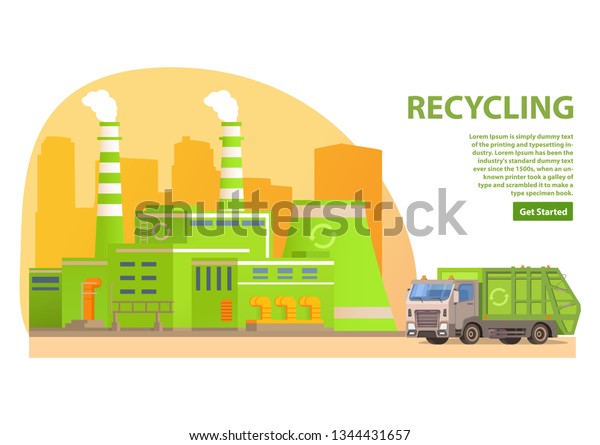  Factory trash waste processing plant.Waste\
recycling.Garbage truck.Low poly .Ecological green production.Flat\
vector graphics.