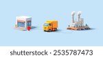 Factory, truck, shop, location, 3D. Graphics for concepts of production and delivery of goods to stores. Production, logistics, sales. Infographics for business. Vector